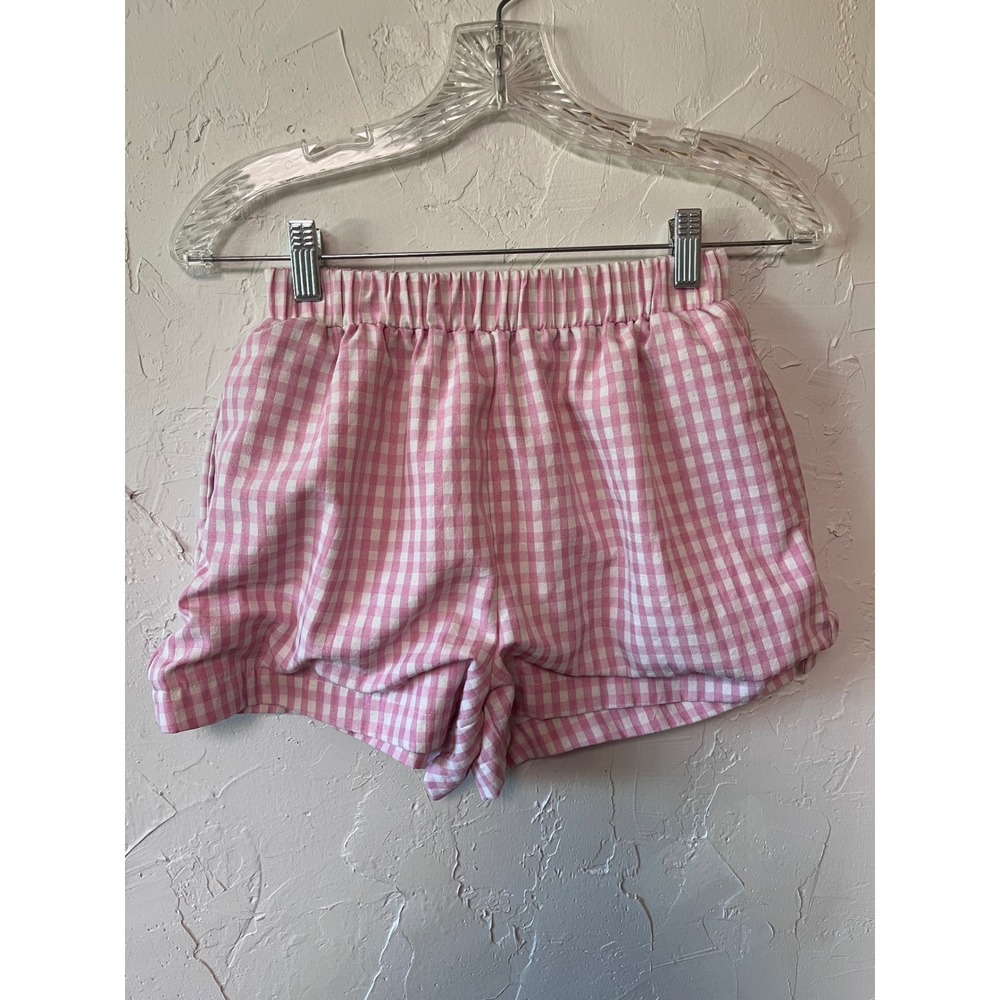 Grey Bandit Pink Gingham Elastic Waist Shorts XS Checkered Summer Casual Pockets